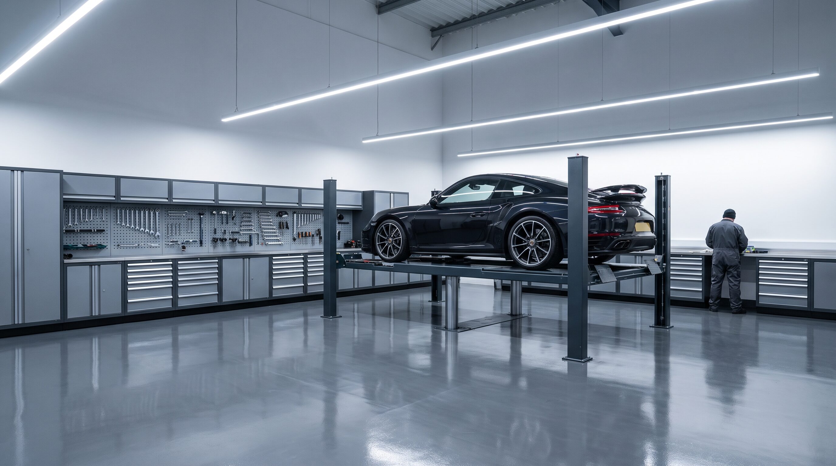 An immaculate private workshop bay with a car raised on a four post lift