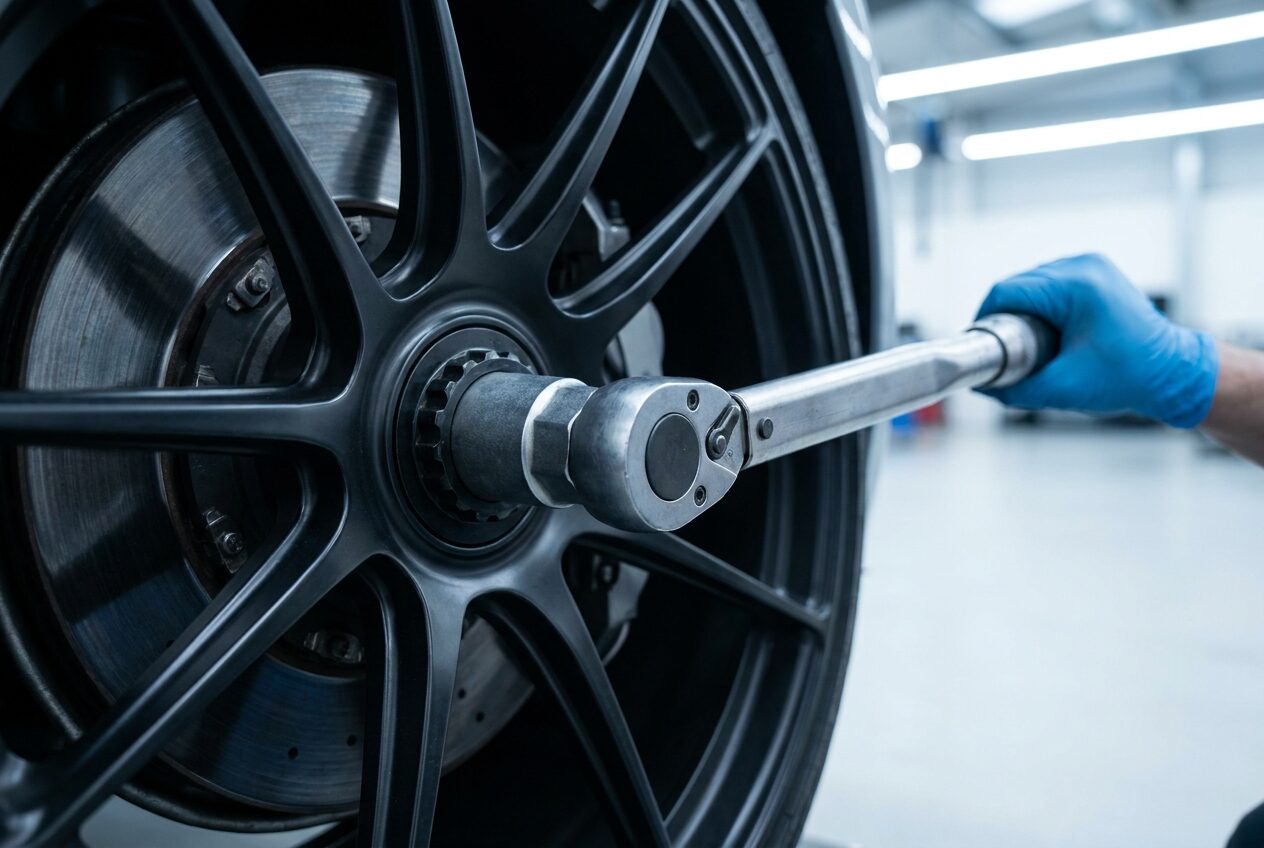 A torque wrench applied to a centre lock wheel nut on a dark forged alloy wheel