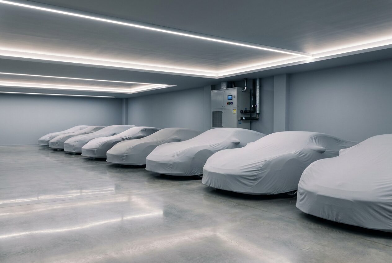 A climate controlled storage room with several supercars under fitted pale grey covers