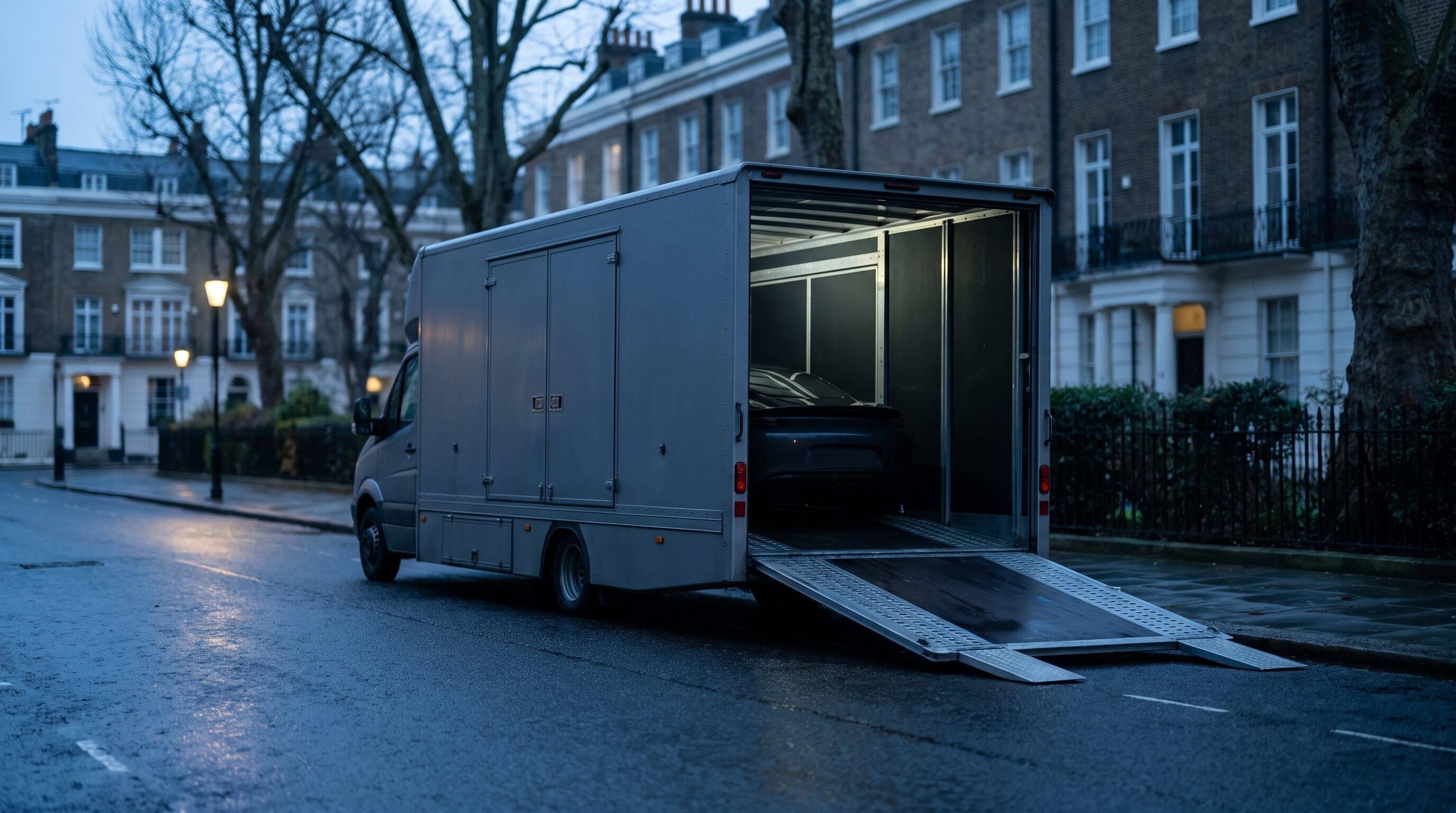 An unmarked grey enclosed transporter with its ramp down on a quiet street at dawn