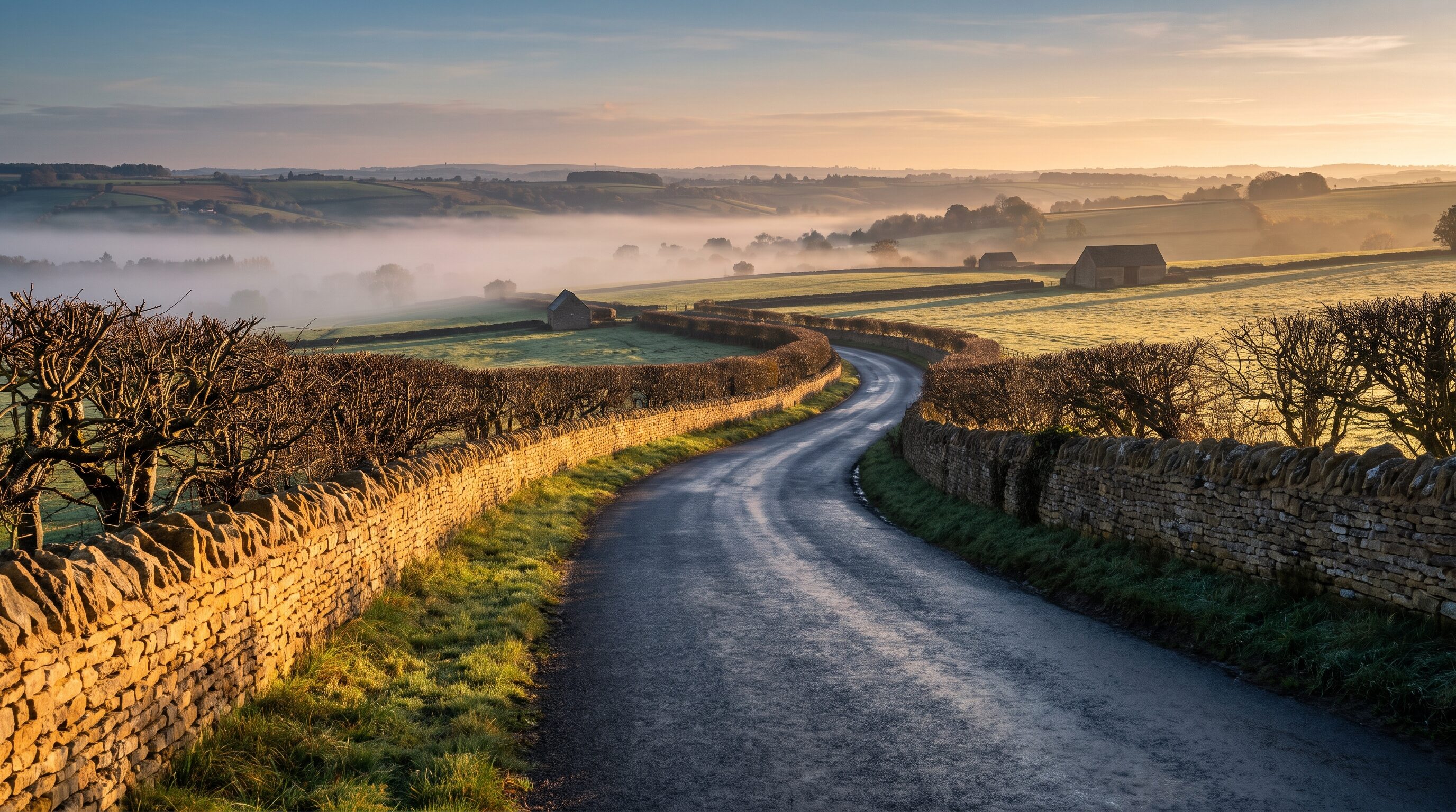 An empty Cotswolds road curving between drystone walls in low golden morning light