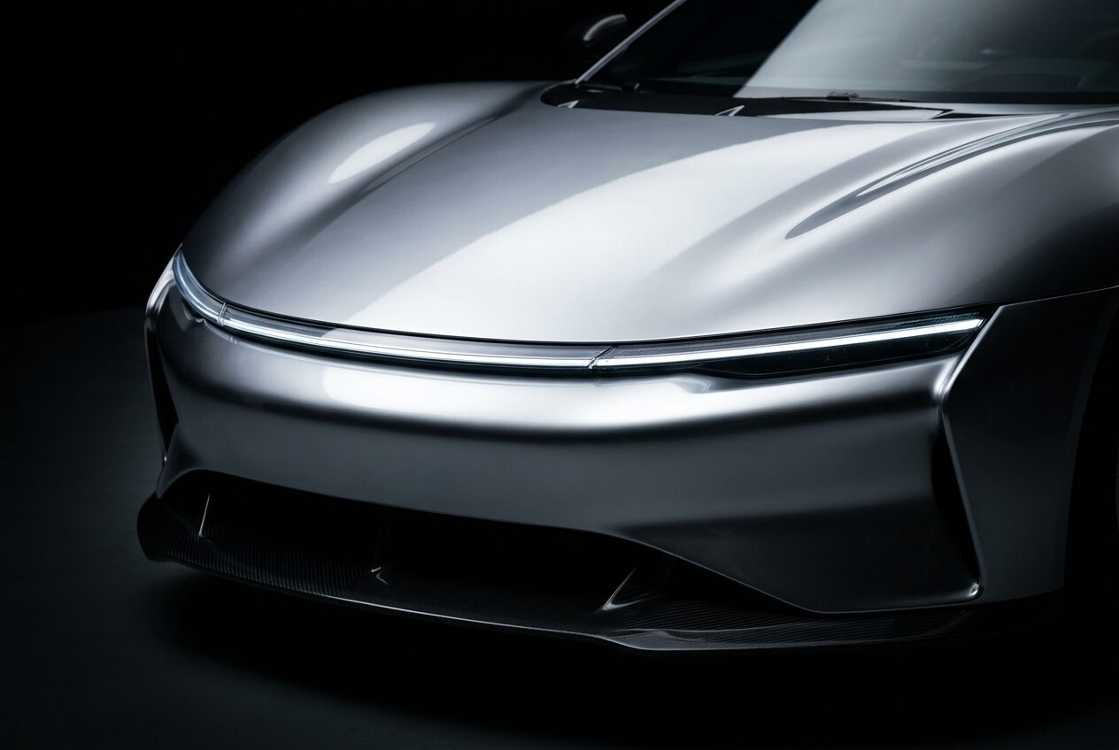 Close view of the closed front nose and slim light blade in mirror silver paint