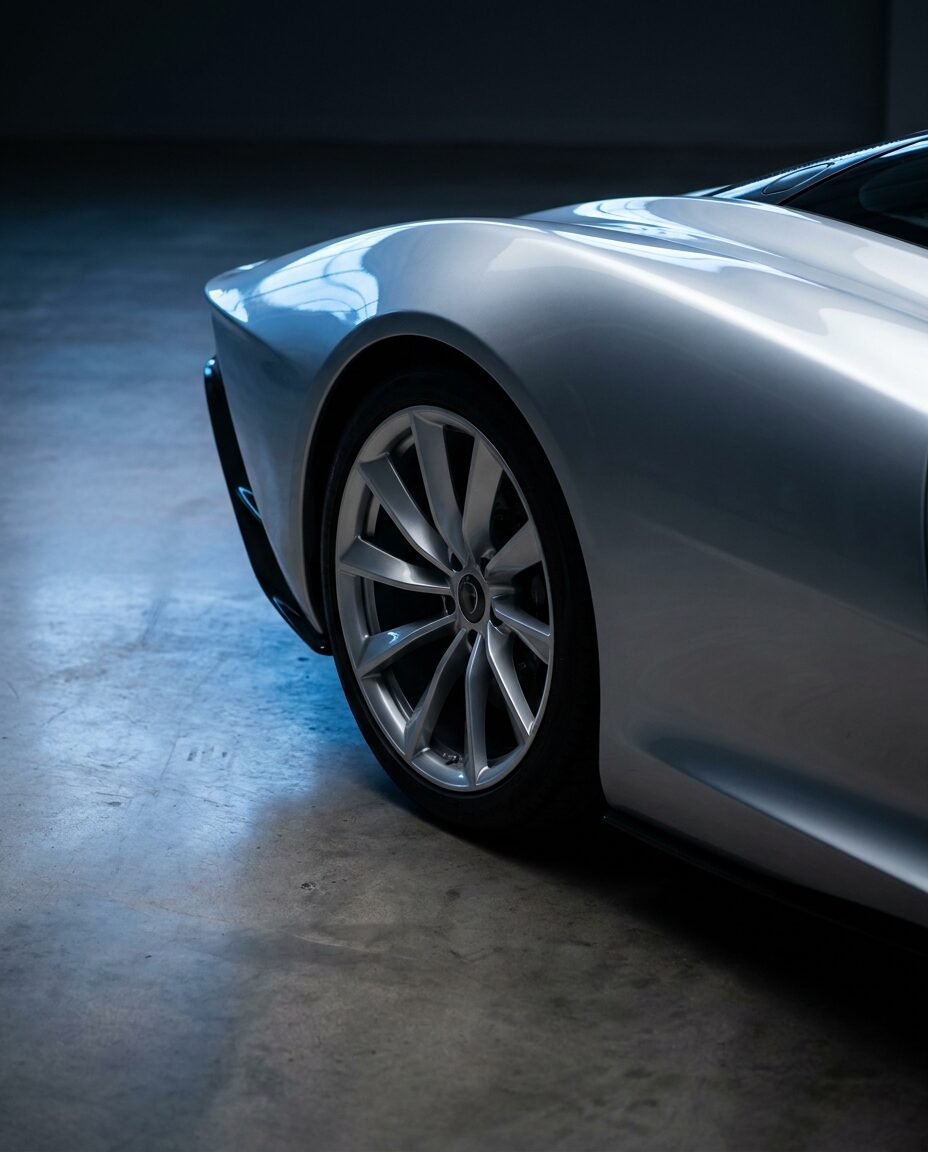Covered rear wheel arch and turbine style wheel in liquid silver