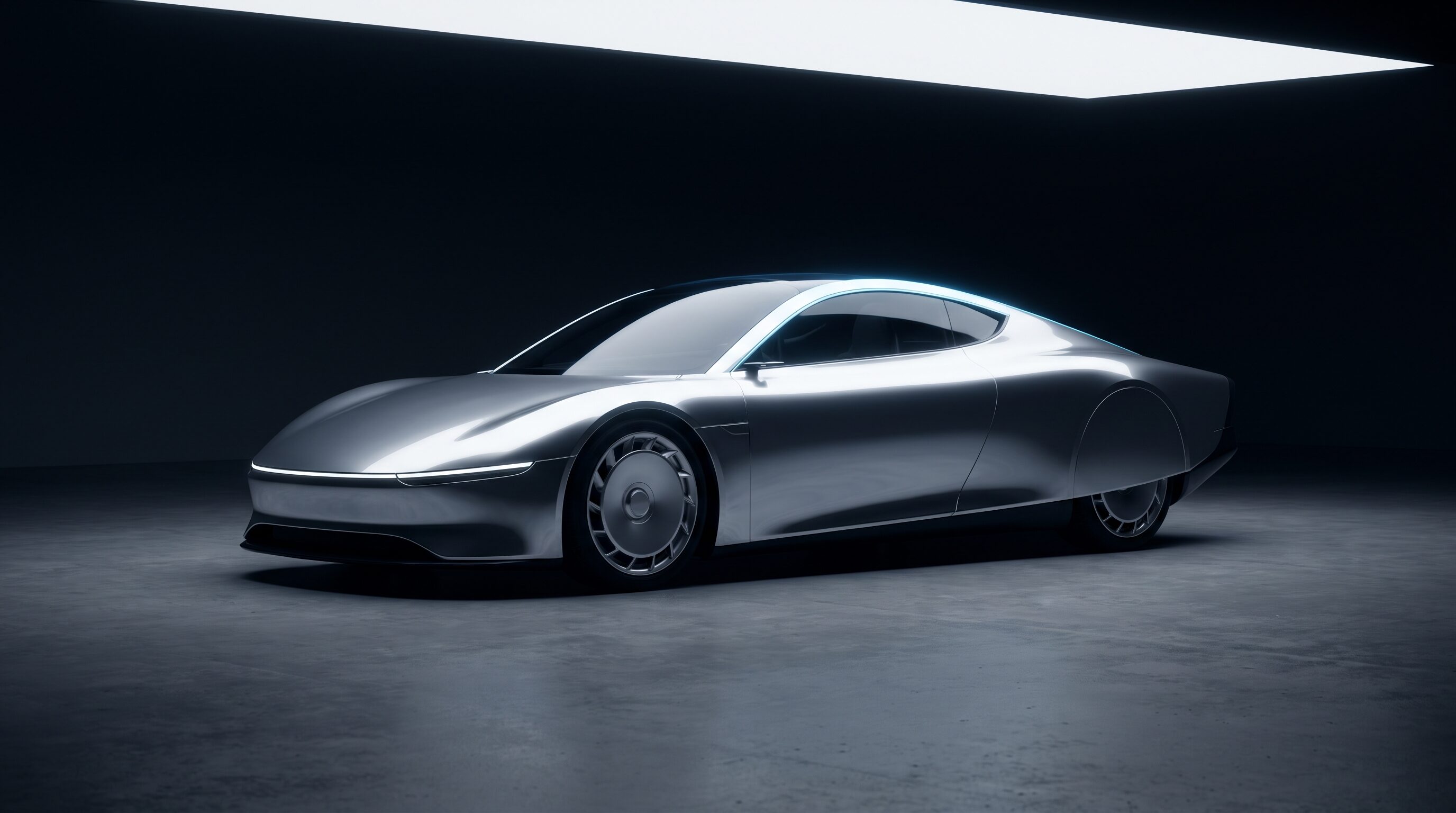 A liquid silver electric hypercar in a dark studio lit by a single long light strip