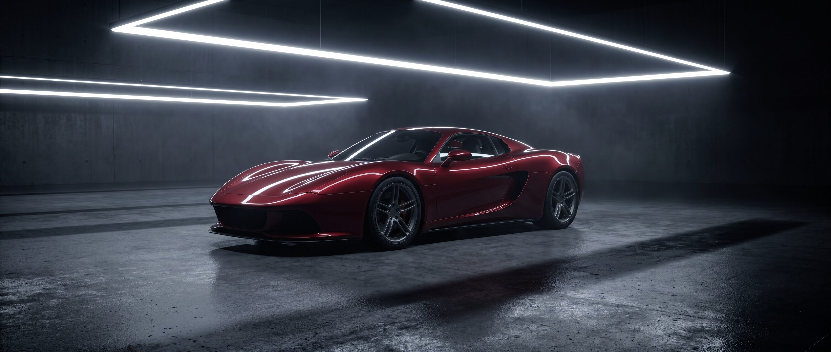 A deep red mid engine supercar alone in a dark gallery space under raking light