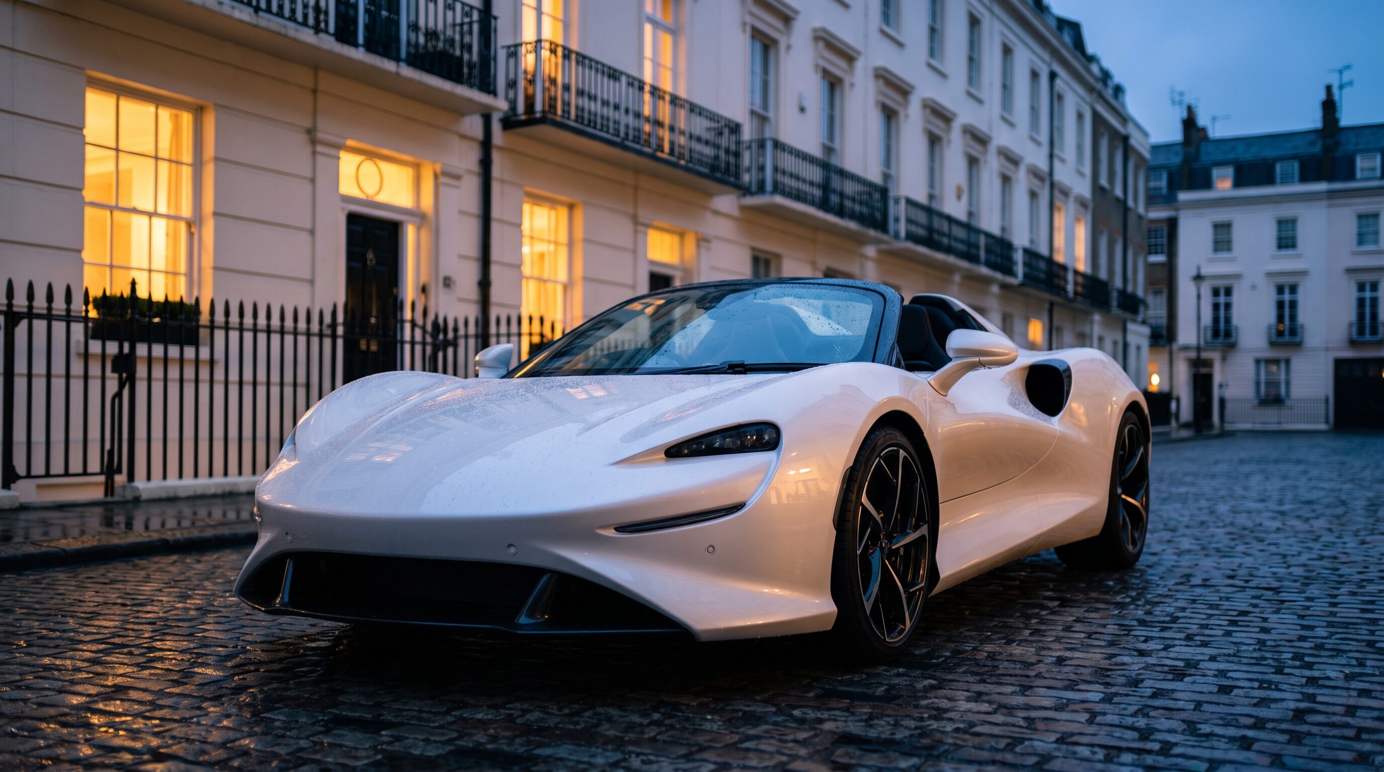 A pearl white open top supercar waiting on wet cobblestones in a Belgravia mews at dusk