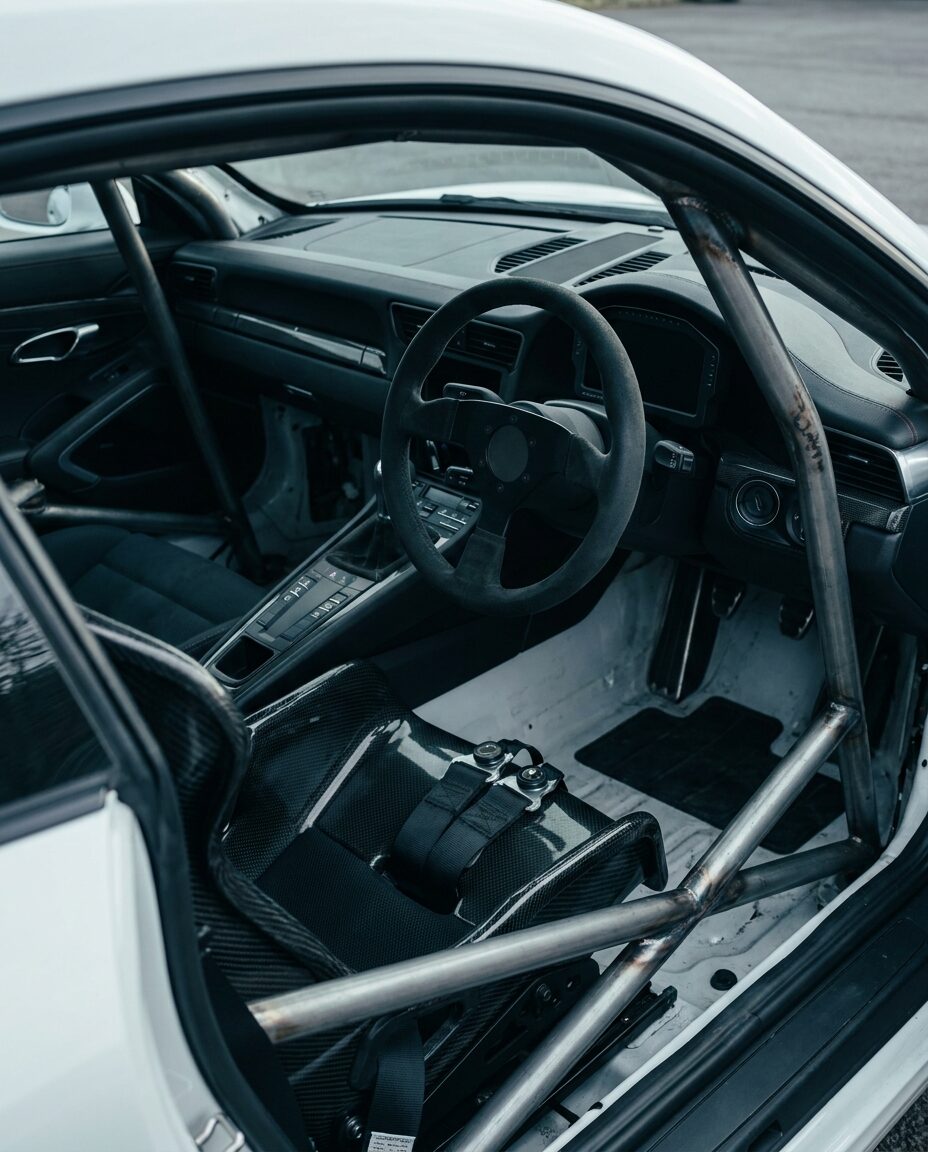 Stripped track interior with carbon bucket seat, harness and roll cage
