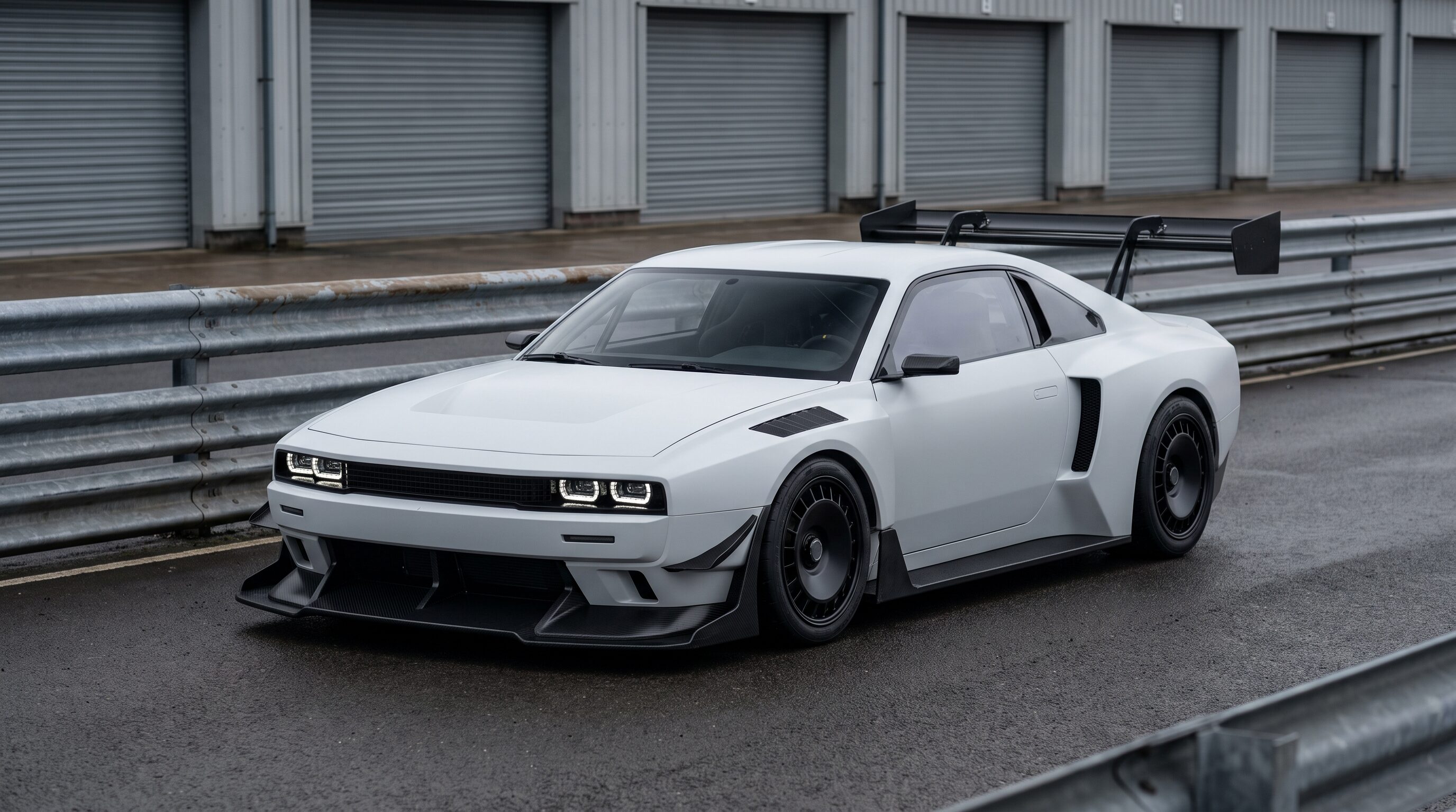 A chalk white track focused coupe with a tall black carbon rear wing in an empty pit lane