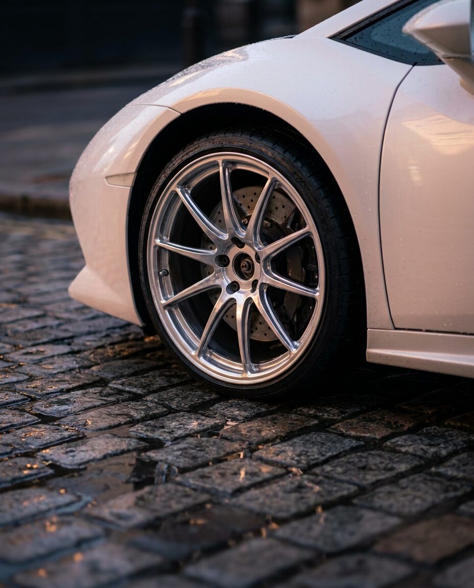 Front wheel arch and polished silver wheel on wet cobblestones