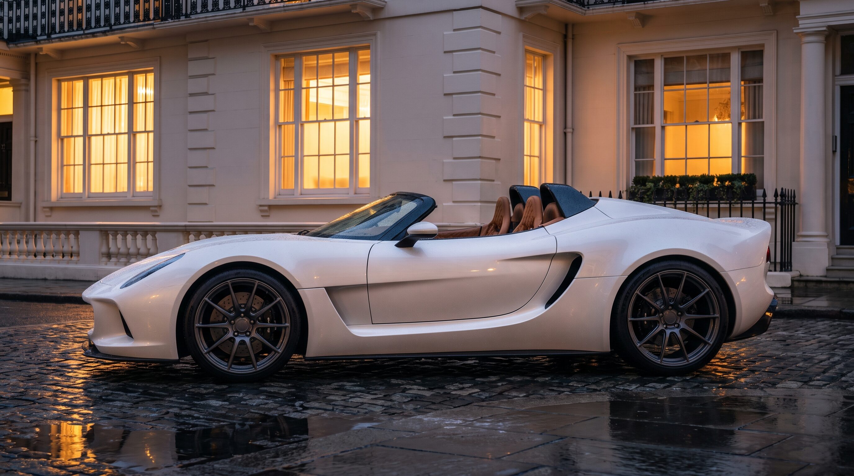 A pearl white open top supercar on wet cobblestones in a London mews at dusk