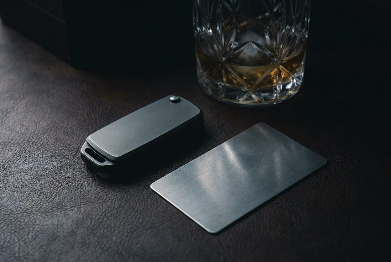 A dark anodised key fob and brushed steel card on grained leather