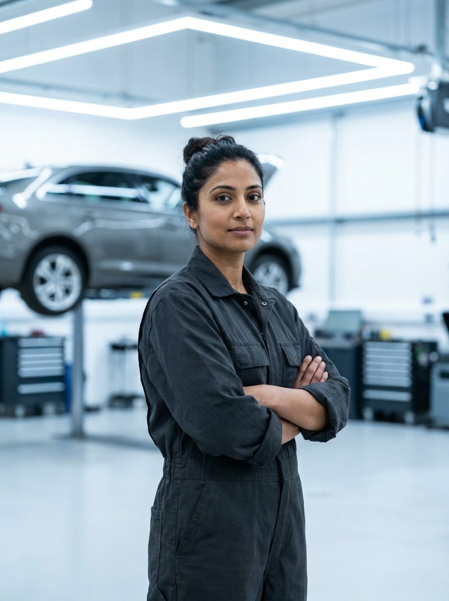 Priya Raval, a British Indian woman in her thirties in workshop coveralls, in a bright workshop
