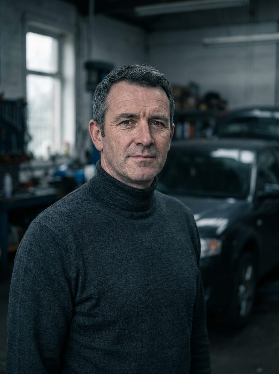 Ruaridh Sinclair, a Scottish man in his forties in a charcoal roll neck, in a dimly lit workshop
