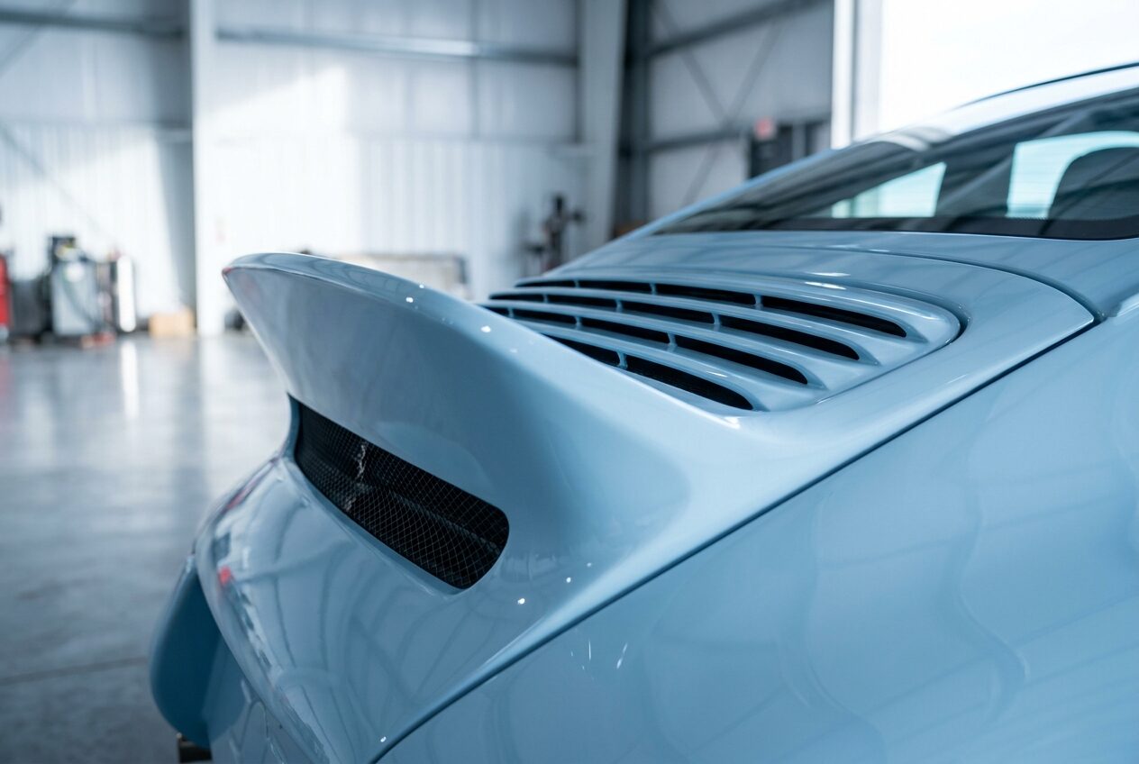 Ducktail spoiler and engine cover louvres in pale ice blue