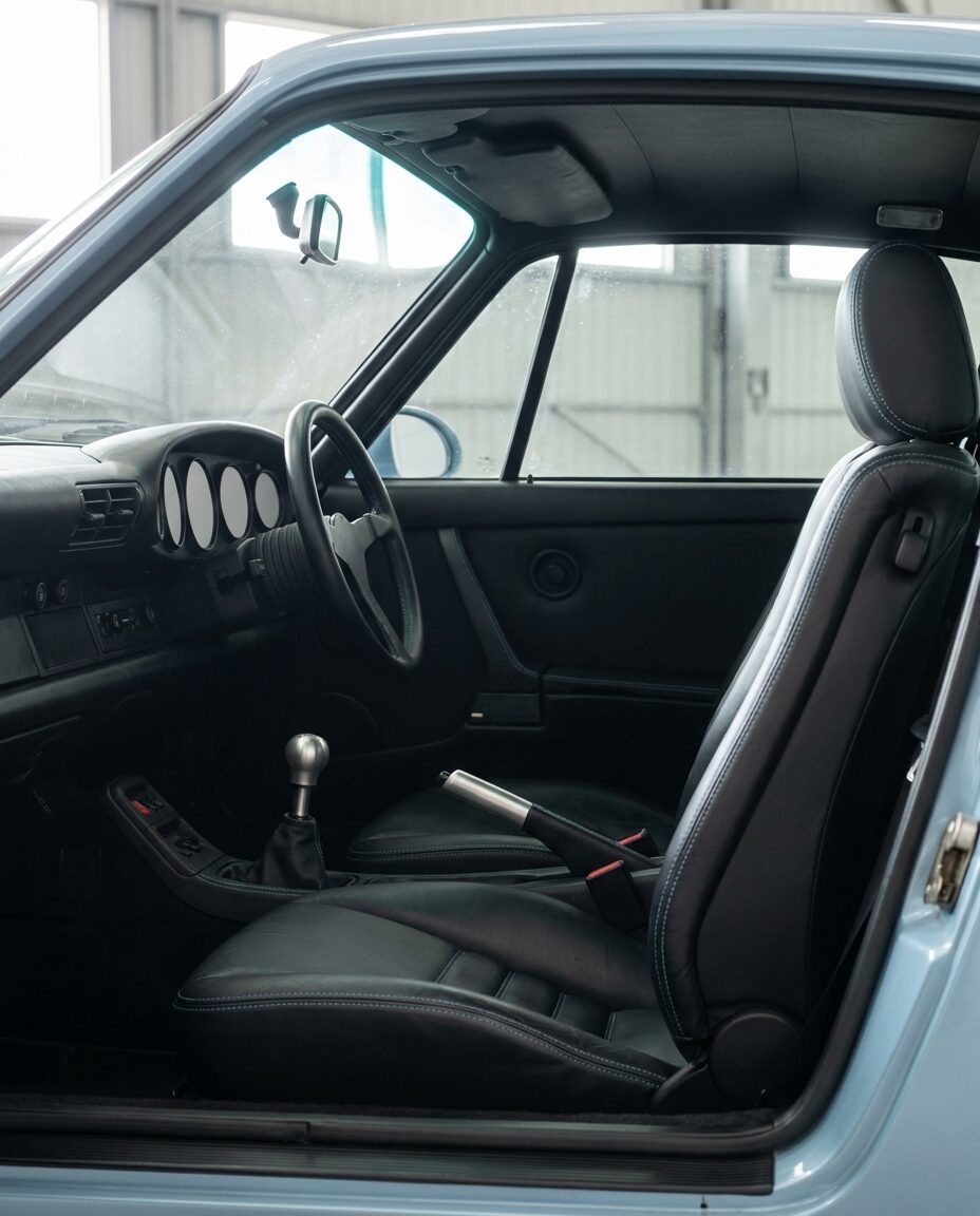 Driver seat and gear lever with black leather and pale blue stitching