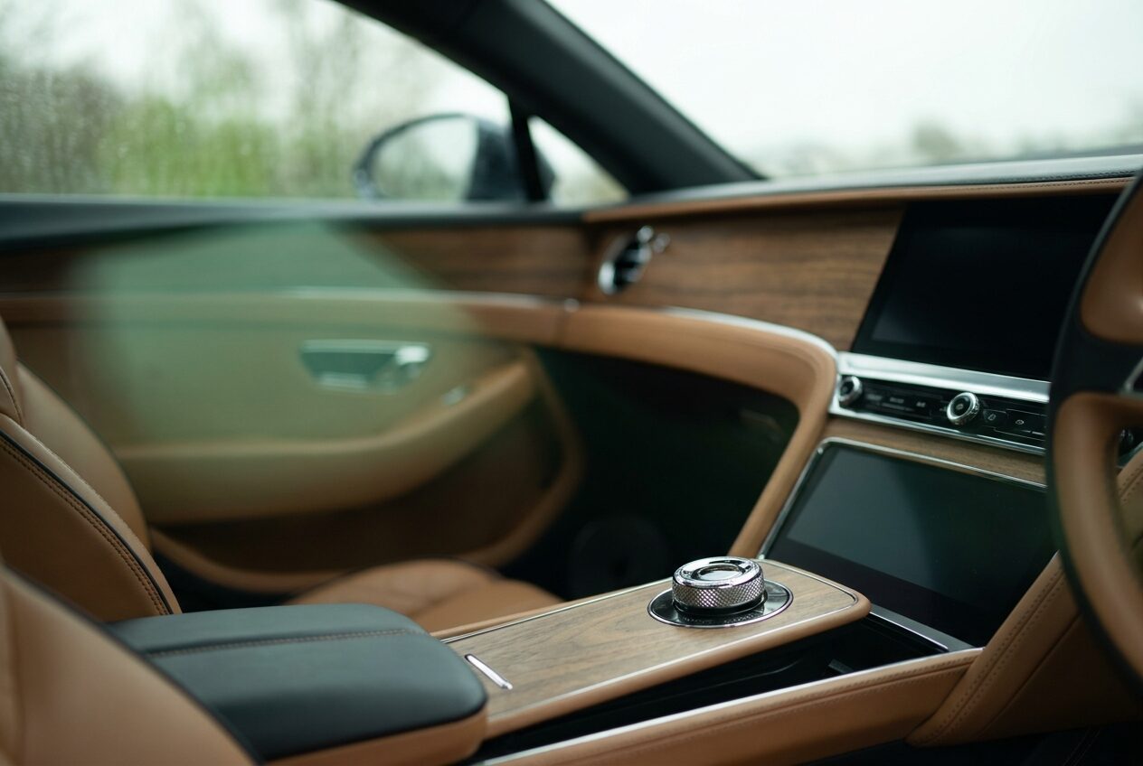 Cabin with tan leather, knurled aluminium controls and walnut veneer