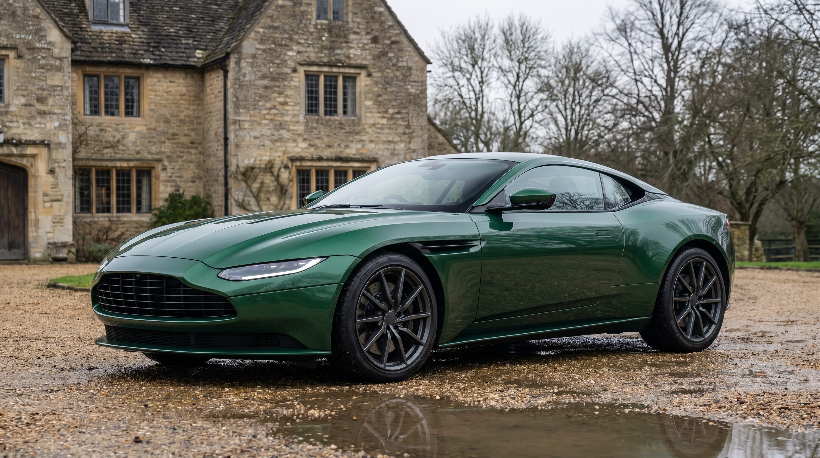 A deep racing green front engine grand tourer on wet gravel before a Cotswold stone house