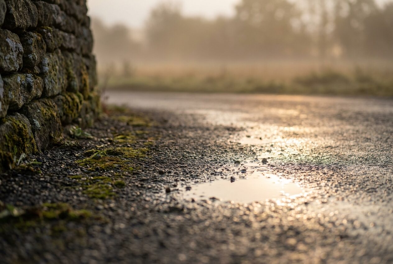 Damp English country road tarmac at dawn beside a mossy drystone wall
