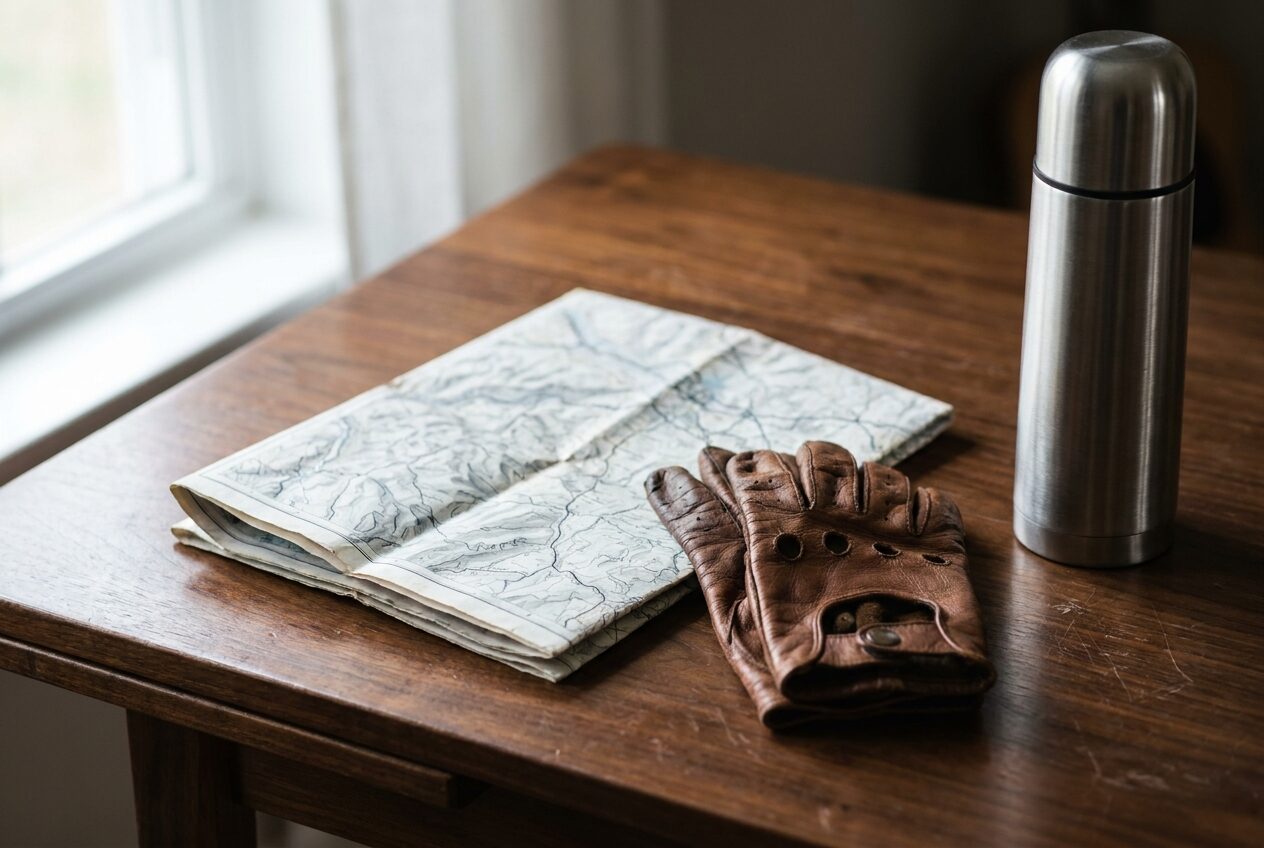 A folded paper map and leather driving gloves on a dark walnut table
