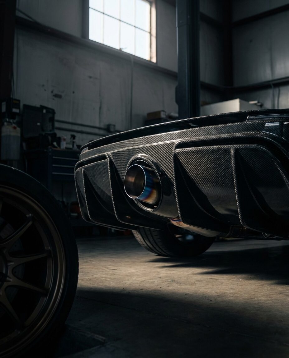 Rear diffuser and centre exit titanium exhaust on an exposed carbon supercar