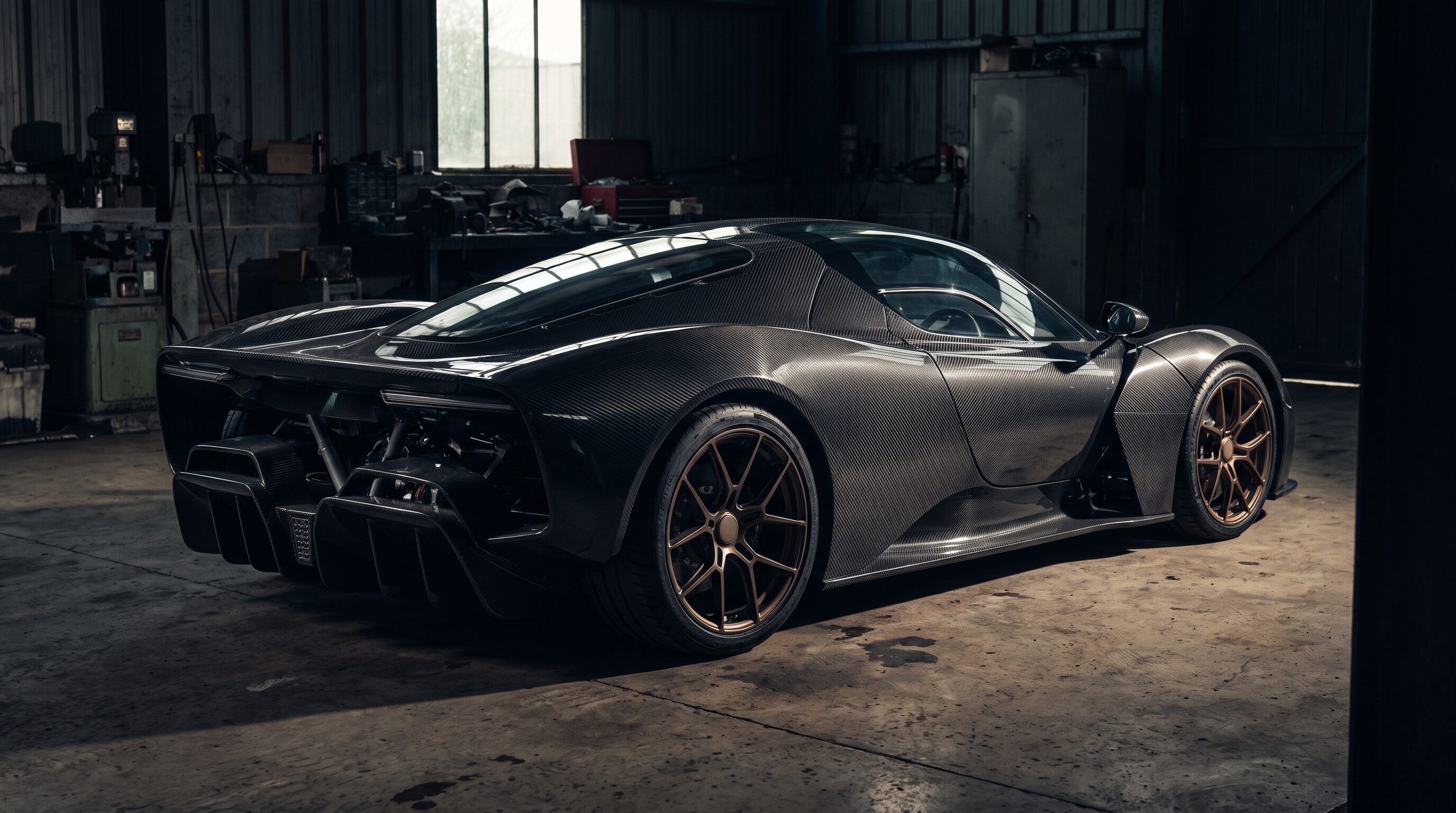 A supercar with a bare exposed carbon fibre body in a dimly lit industrial workshop