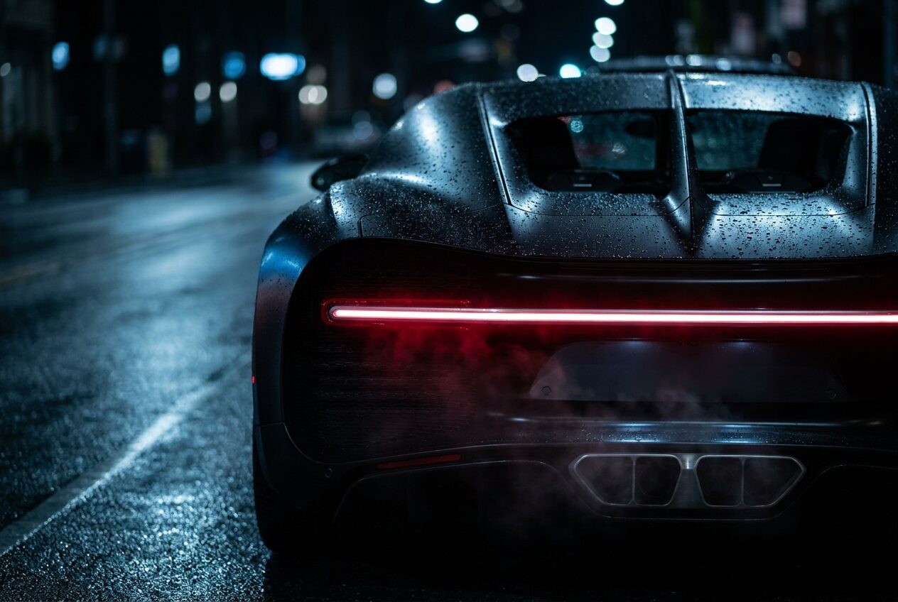 Full width rear light blade and quad exhaust of a satin black hypercar at night