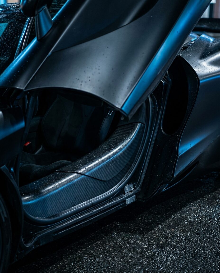 Dihedral door raised on a satin black hypercar with exposed carbon sill