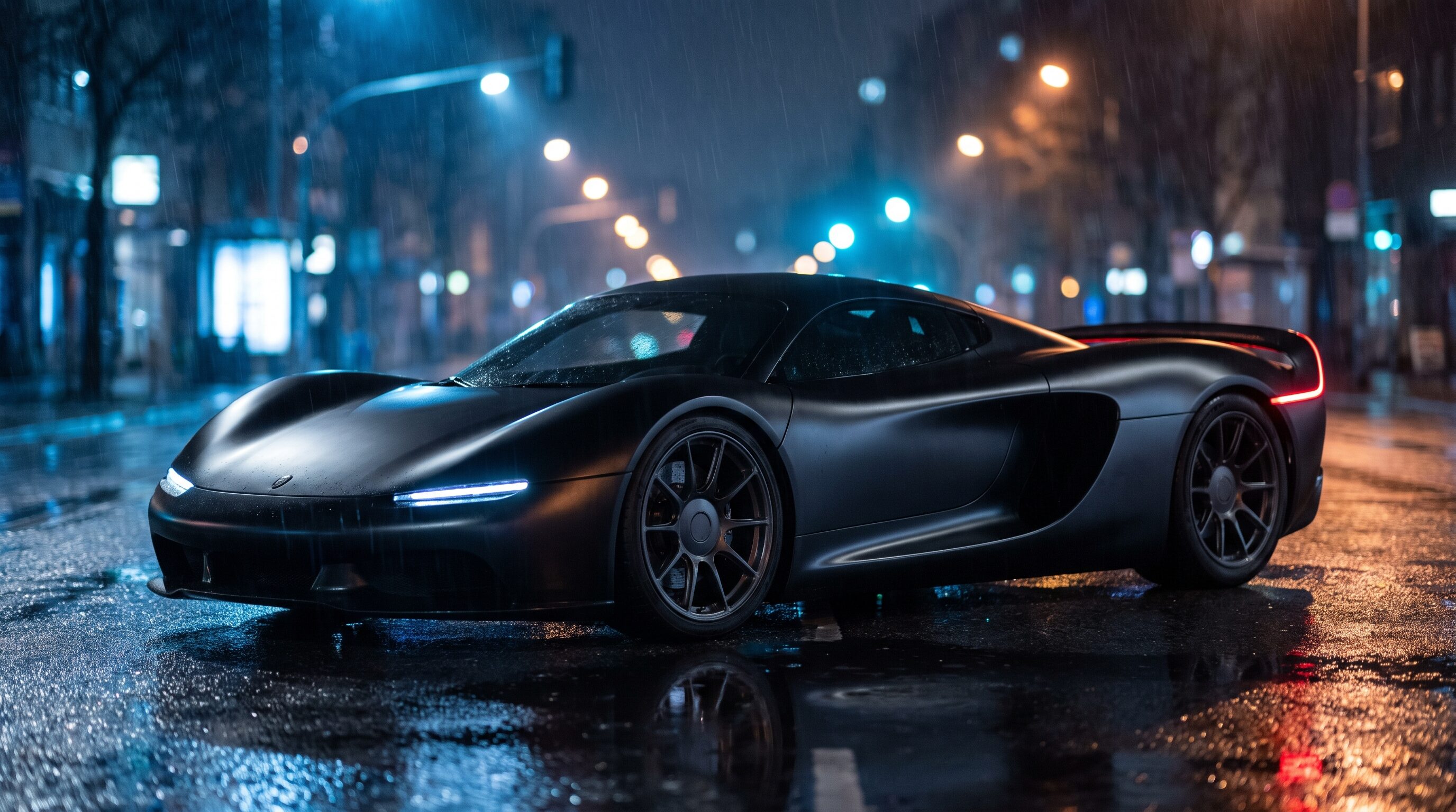 A satin black quad turbo hypercar on wet asphalt in a city street at night