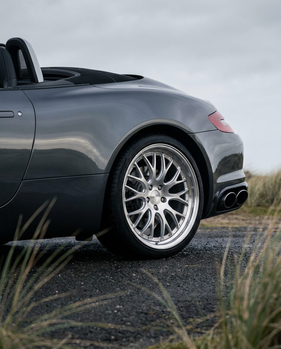 Rear quarter and polished wheel of a storm silver convertible on damp tarmac