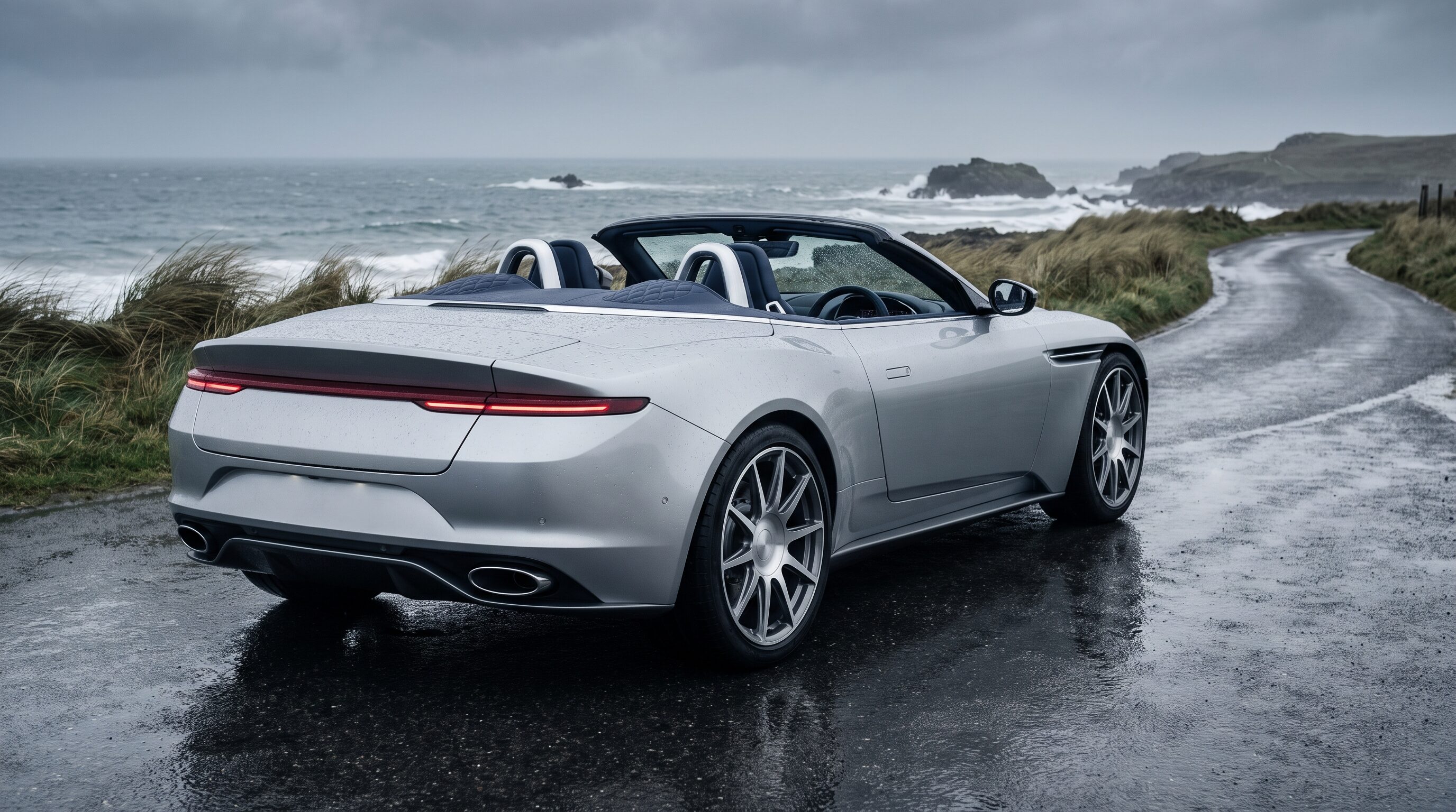 A storm silver open top grand tourer with its roof down, seen from behind on a wet coastal road under grey cloud