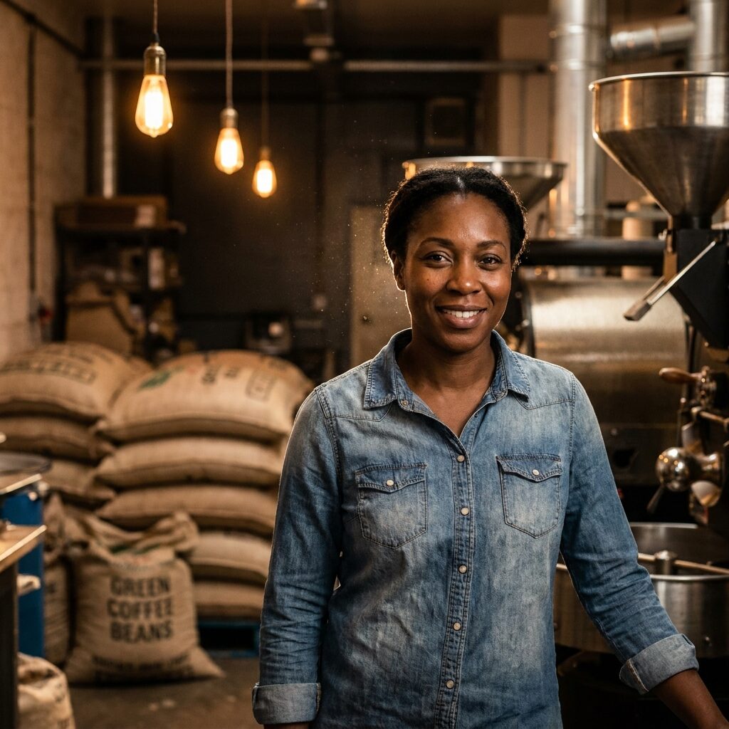 Amara Osei, a woman in a denim shirt, standing in the roastery in front of sacks of green coffee