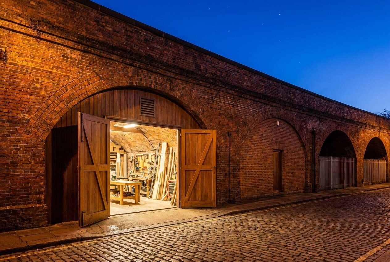 Victorian brick railway arch at dusk with warm light spilling from the workshop doors onto a cobbled lane