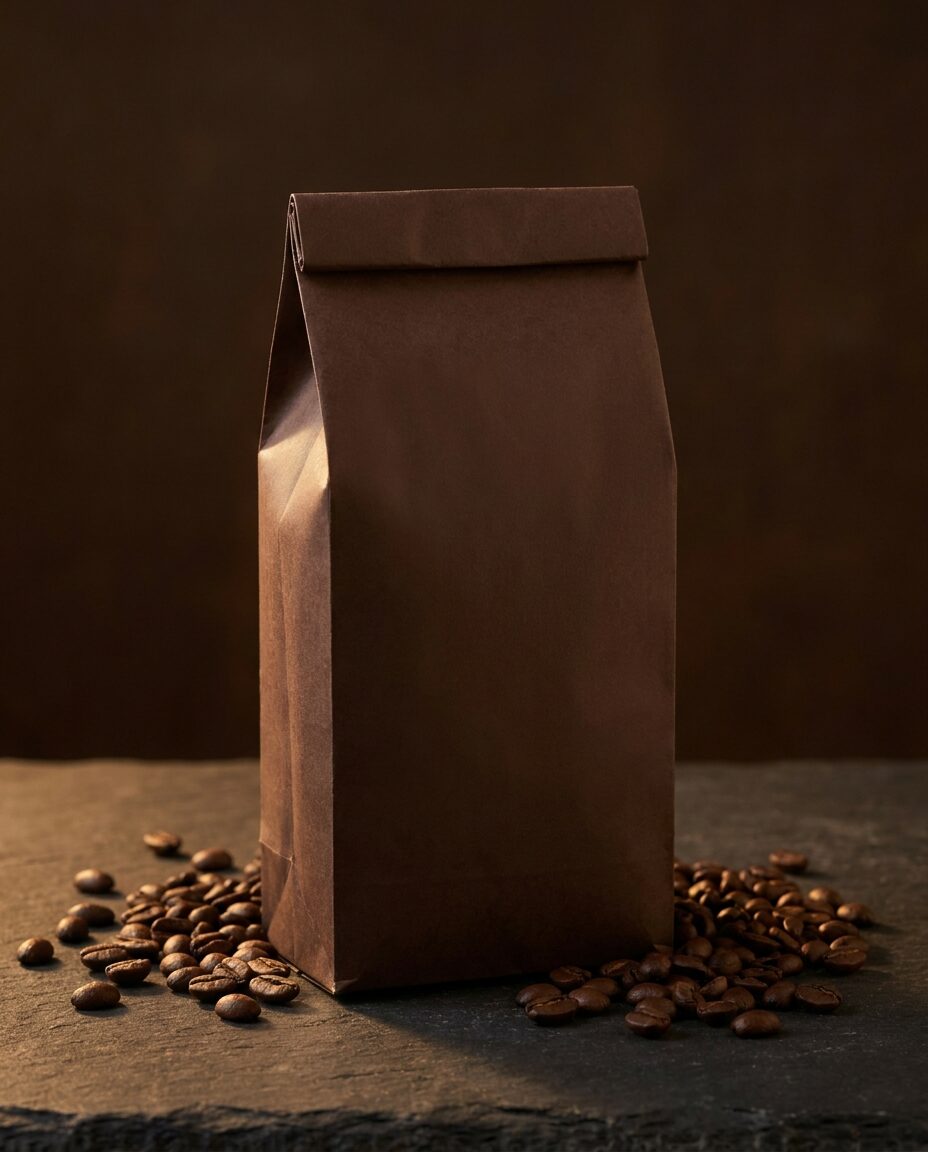 Unbranded dark brown coffee bag on dark slate with scattered dark-roast beans