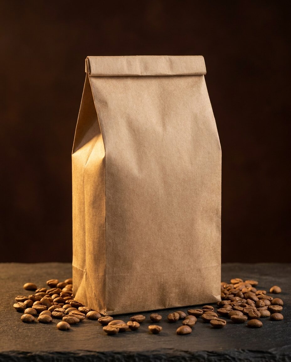 Unbranded kraft coffee bag on dark slate with scattered light-roast beans