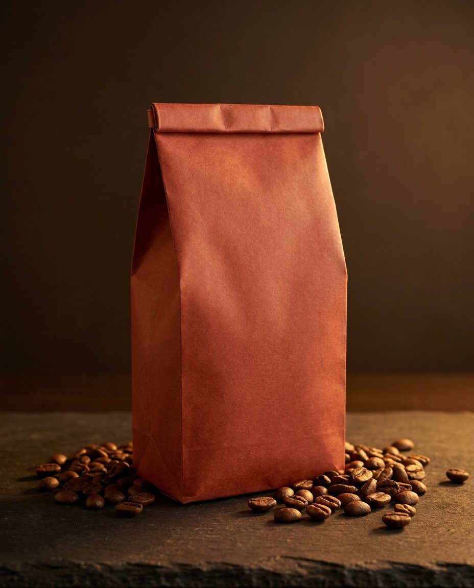 Unbranded rust-red coffee bag on dark slate with scattered roasted beans