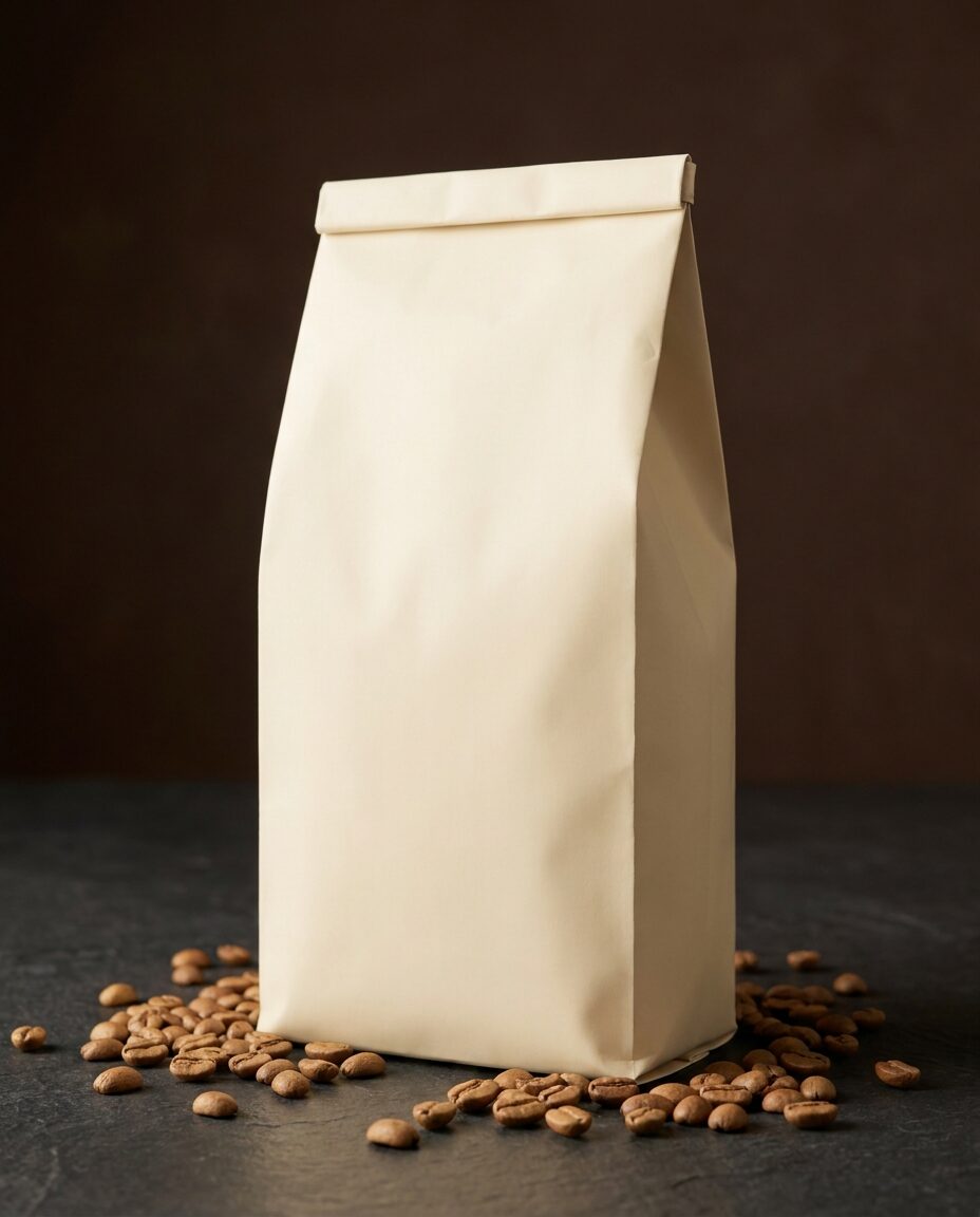 Unbranded cream coffee bag on dark slate with scattered light-roast beans