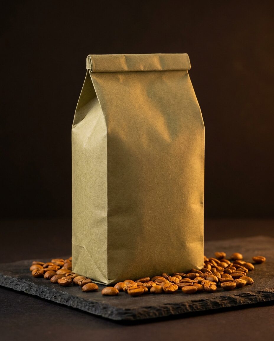 Unbranded olive-tan coffee bag on dark slate with scattered honey-process beans