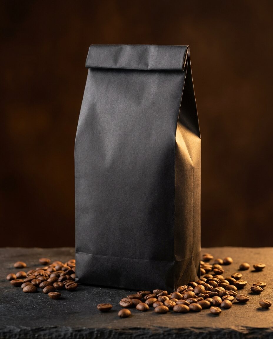 Unbranded matte black coffee bag on dark slate with scattered roasted beans