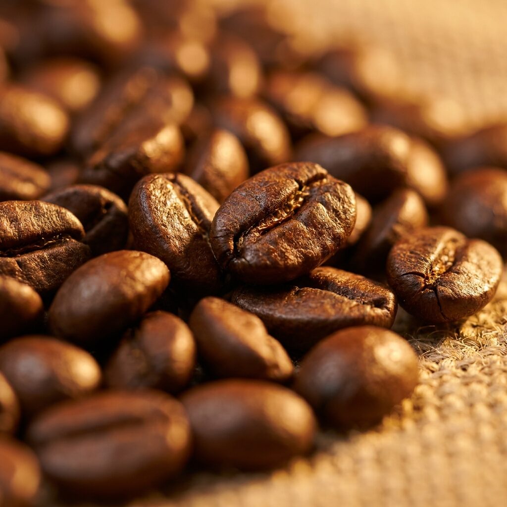 Freshly roasted coffee beans photographed close up in warm light