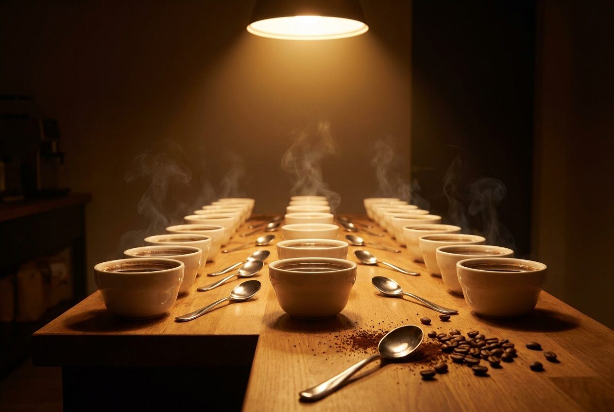 Cupping table with rows of white bowls and spoons under a warm spotlight