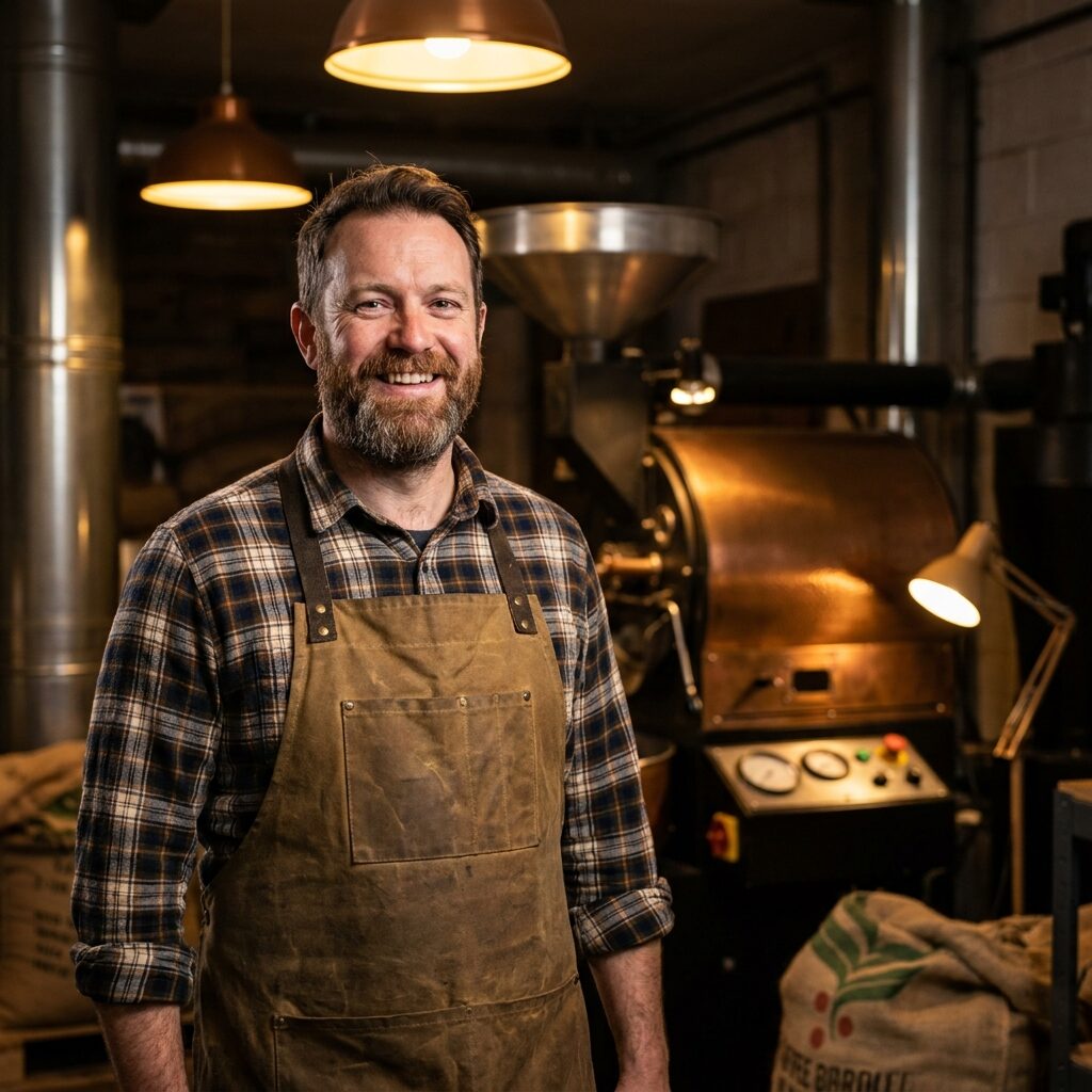 Dan Whitmore, a bearded man in a work apron, standing in the roastery in warm light
