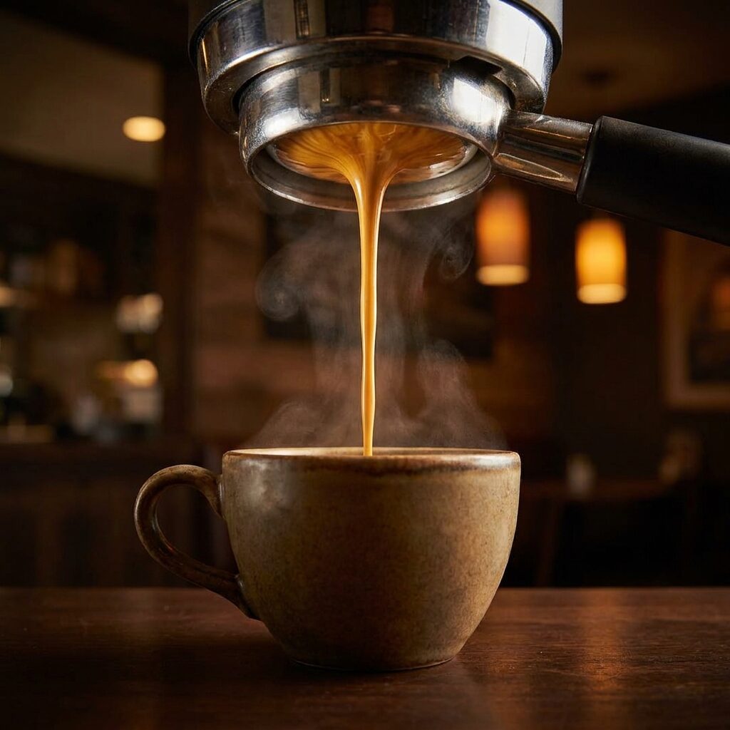 Espresso extracting from a bottomless portafilter into a ceramic cup