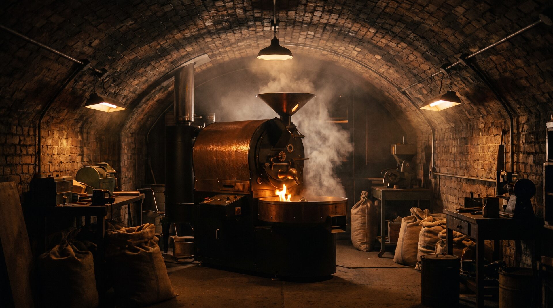 Dark railway-arch roastery interior with a copper drum roaster lit by flame glow and drifting steam