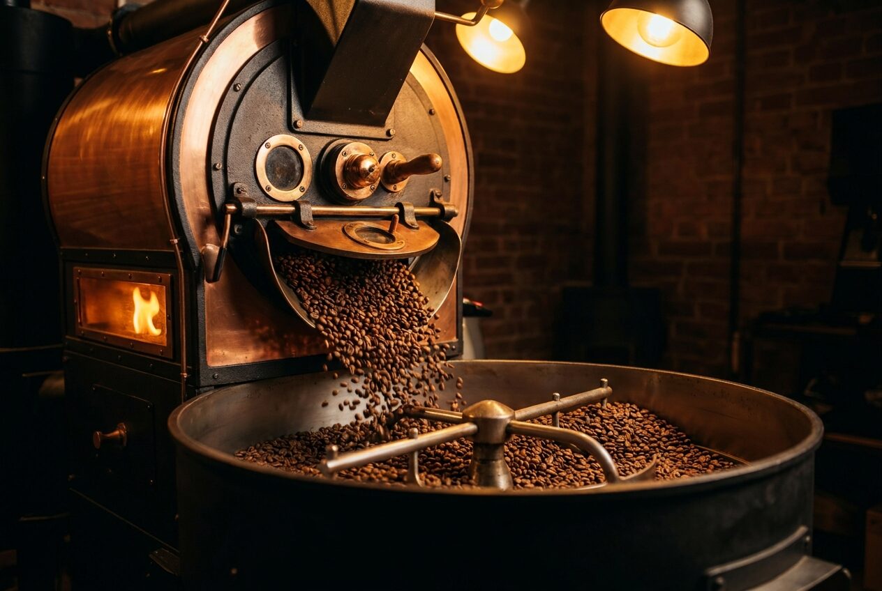 Close-up of a vintage copper and cast-iron drum roaster with roasted beans pouring into the cooling tray