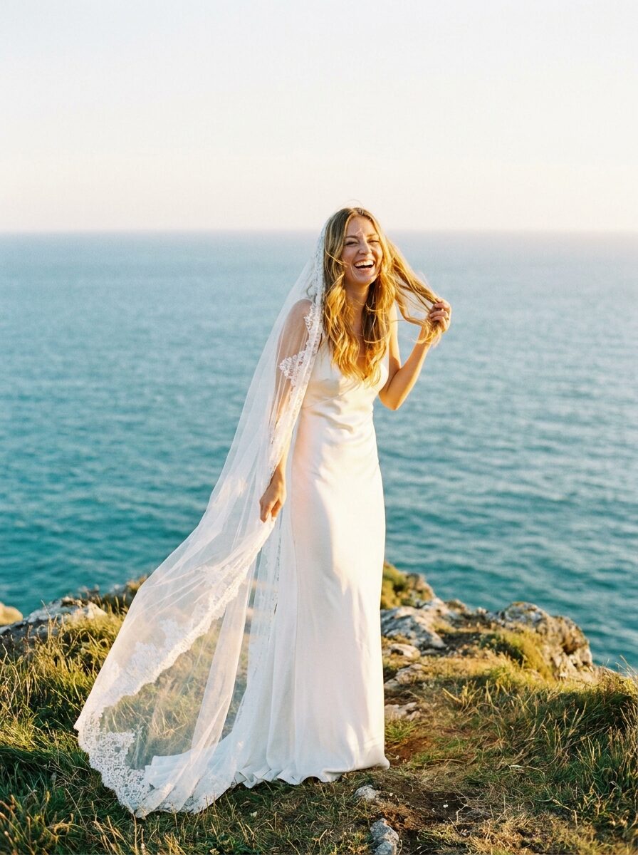 Bride laughing as her veil lifts in the sea wind