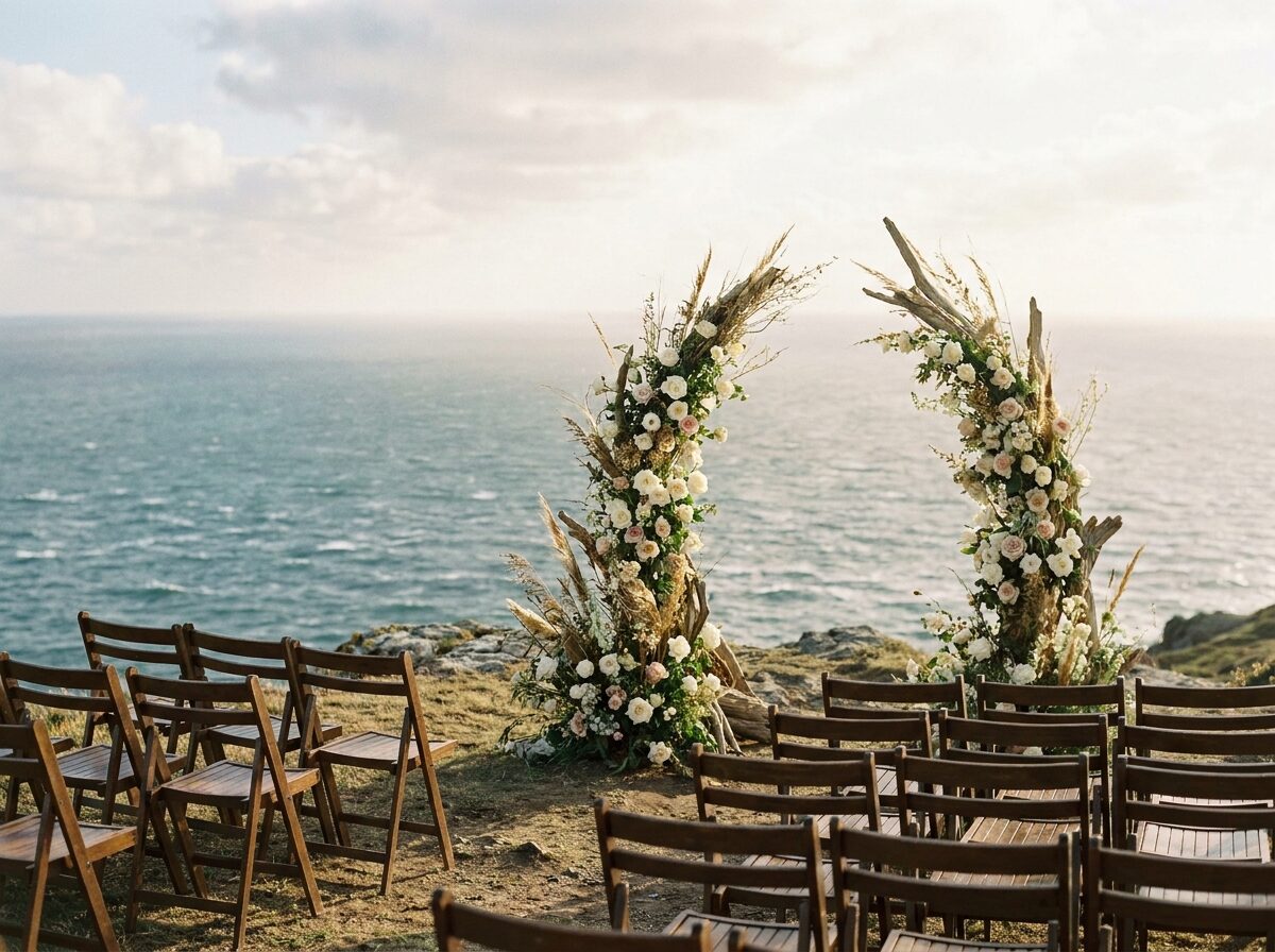 Ceremony chairs and floral arch set on the cliff edge