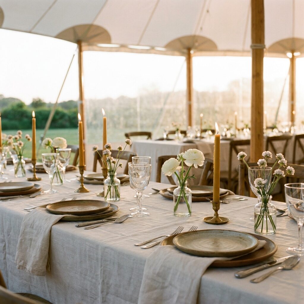 Table detail with sea thrift, ranunculus and candles