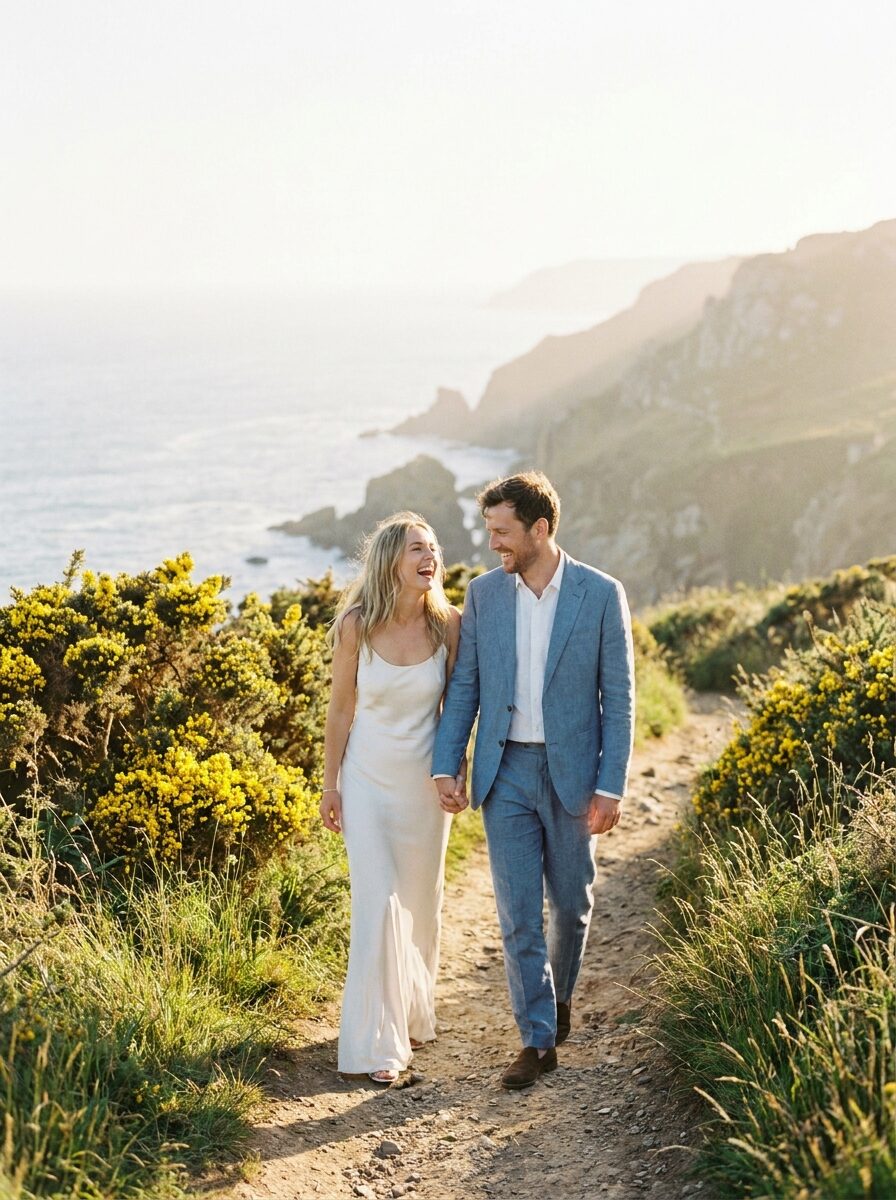 Couple walking a coastal path between flowering gorse