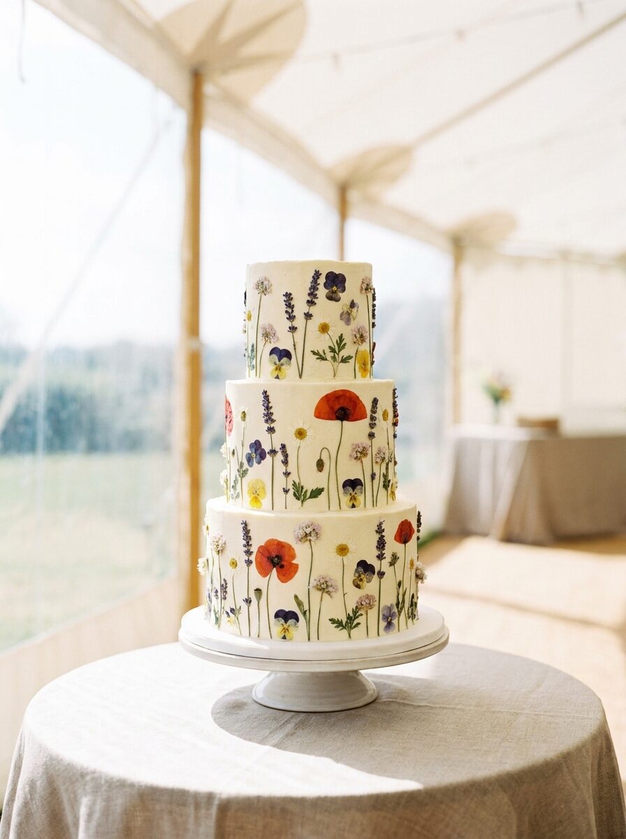 Ivory wedding cake decorated with pressed wildflowers