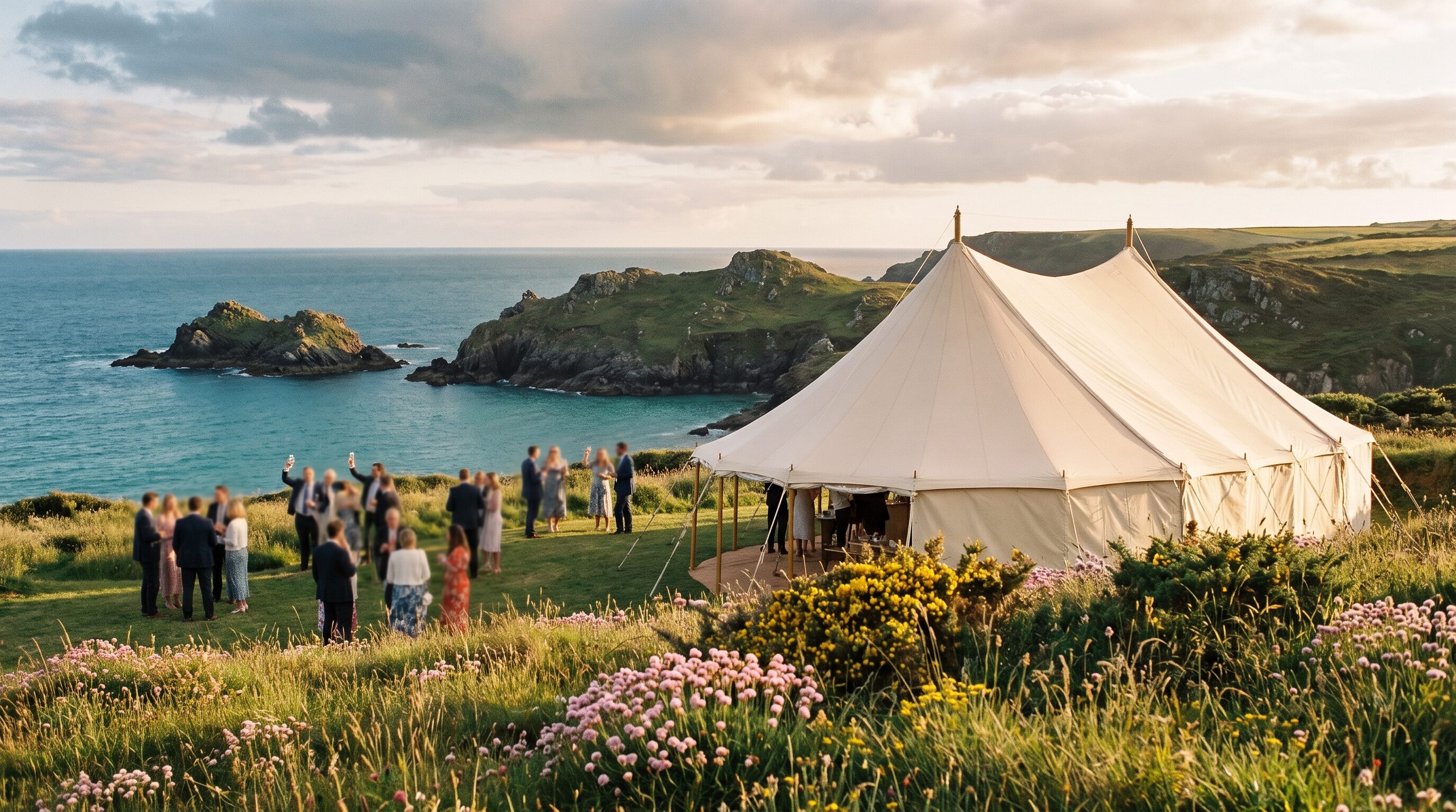 Sailcloth marquee on a Cornish clifftop above the sea